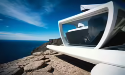 a man driving a car looking through a window with the ocean in the background
