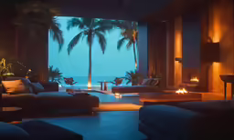 a living room filled with furniture under palm trees