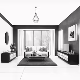 a living room with a white couch and large windows