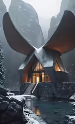 this strange house is perched on a mountain side