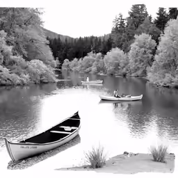 a boat is on the river with trees in the background