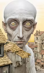 a face that is on top of a building with a bird nest