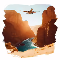an airplane flying over the water surrounded by rocky cliffs