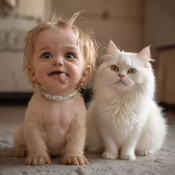 a small white cat laying on the ground next to a little baby