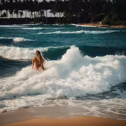 a young woman is sitting in the water near the shore line