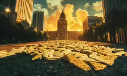 a bunch of pieces of cheese that are on the ground
