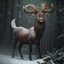 a ram standing in the snow in a forest