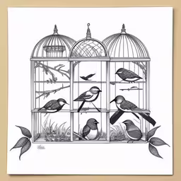 several birds are in a cage by the trees,a drawing of three birds inside of a bird cage,a pen drawing of a cage filled with birds,drawing - bird in cage by suel gomes,a pen and ink drawing of birds in a birdcage