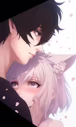 two anime characters are one another looking at something