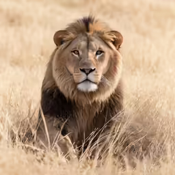 a lion sitting on top of a dry grass field