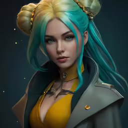 a portrait of an animated woman with blue hair