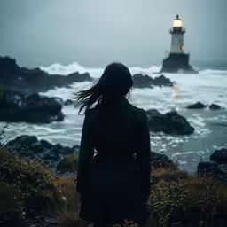 a woman standing on a rocky beach looking at a light house