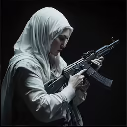 a beautiful nun with a machine gun