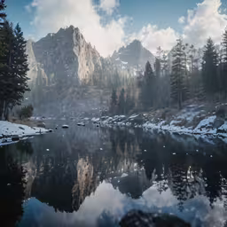 snow covered mountains rise above the lake
