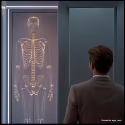 a man looks at a skeleton model through glass