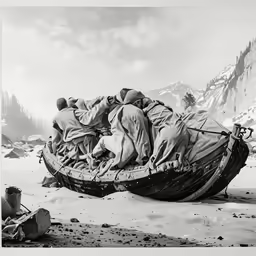 a black and white photo of two people riding on a boat