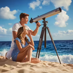 a man and woman are sitting on the beach looking through a telescope