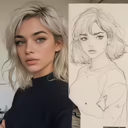 an illustration of a woman posing for a picture with a drawing of her