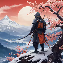 a man with an umbrella and backpack standing next to snow covered mountains
