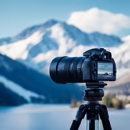 camera on tripod overlooking water and snow capped mountain