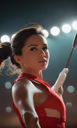 a young woman wearing a red dress holding a baton