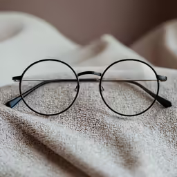 a pair of black glasses resting on a white blanket