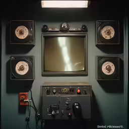 there is a room with a tv and speakers