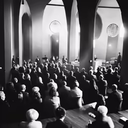 black and white photograph of an audience at a business meeting