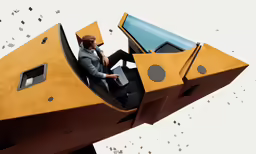a man in a strange vehicle made from wood