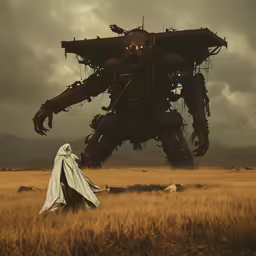 a giant robot walks in a field as an old woman