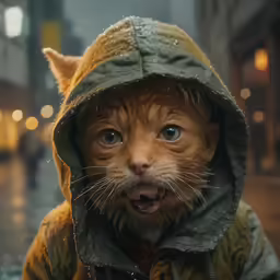 the cat is wearing a hooded jacket and making funny face