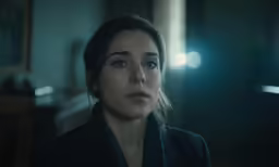 a woman looks at the camera in the dark