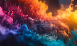 a young woman lays on her back with long hair and has multicolored hair