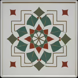 an intricate pattern in white with green and red