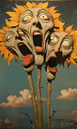 an art project of two giant fake sunflowers with a face like a woman, a man face and mouth open