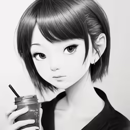 a woman holding a cup of coffee next to a wall