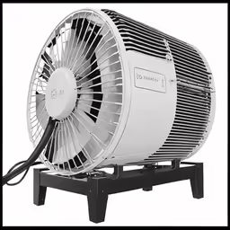 a white exhaust fan sitting on a stand