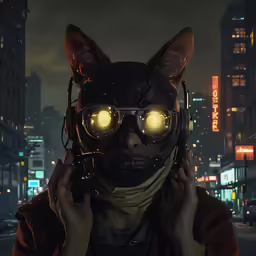 a man wearing headphones with yellow eyes and head covering in the city at night