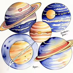 three saturns and four other planets drawn in watercolor,a watercolor drawing of five different planets