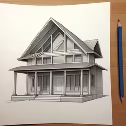a drawing of a house with a sloping porch,the house is in sketch on the table
