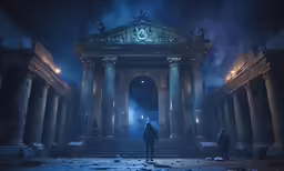 a person standing in front of pillars with a building in the background