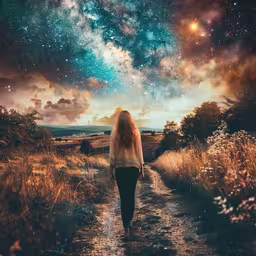 a woman walks down a path towards the sky filled with stars,a woman walking down a path with the star filled sky above