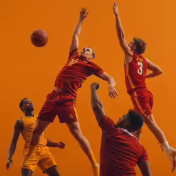 three basketball players in uniforms jumping up to try and catch a ball