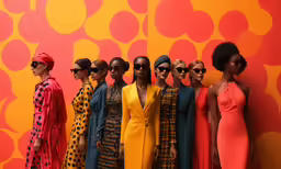 a group of women standing in front of an orange wall
