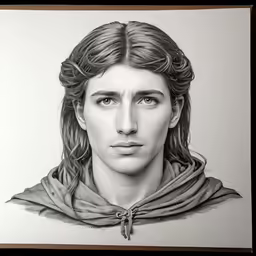 a drawing of a male with long hair and a hood on