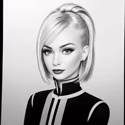 a drawing of a woman with a black and white dress