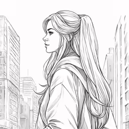 an adult drawing of a girl walking through the city
