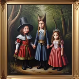two children holding hands wearing costume on a painting,a painting of two little girls wearing costume