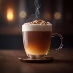 a mug of hot beverage is steam rising from the top