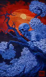 an art work of a skeleton sitting on a tree